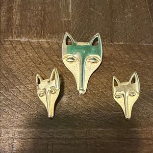 Gold Fox Brooch Set art nouveau costume pin and earrings